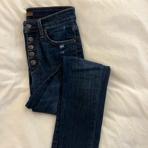 10in high rise button fly jeans in dark distressed rinse with ankle fray